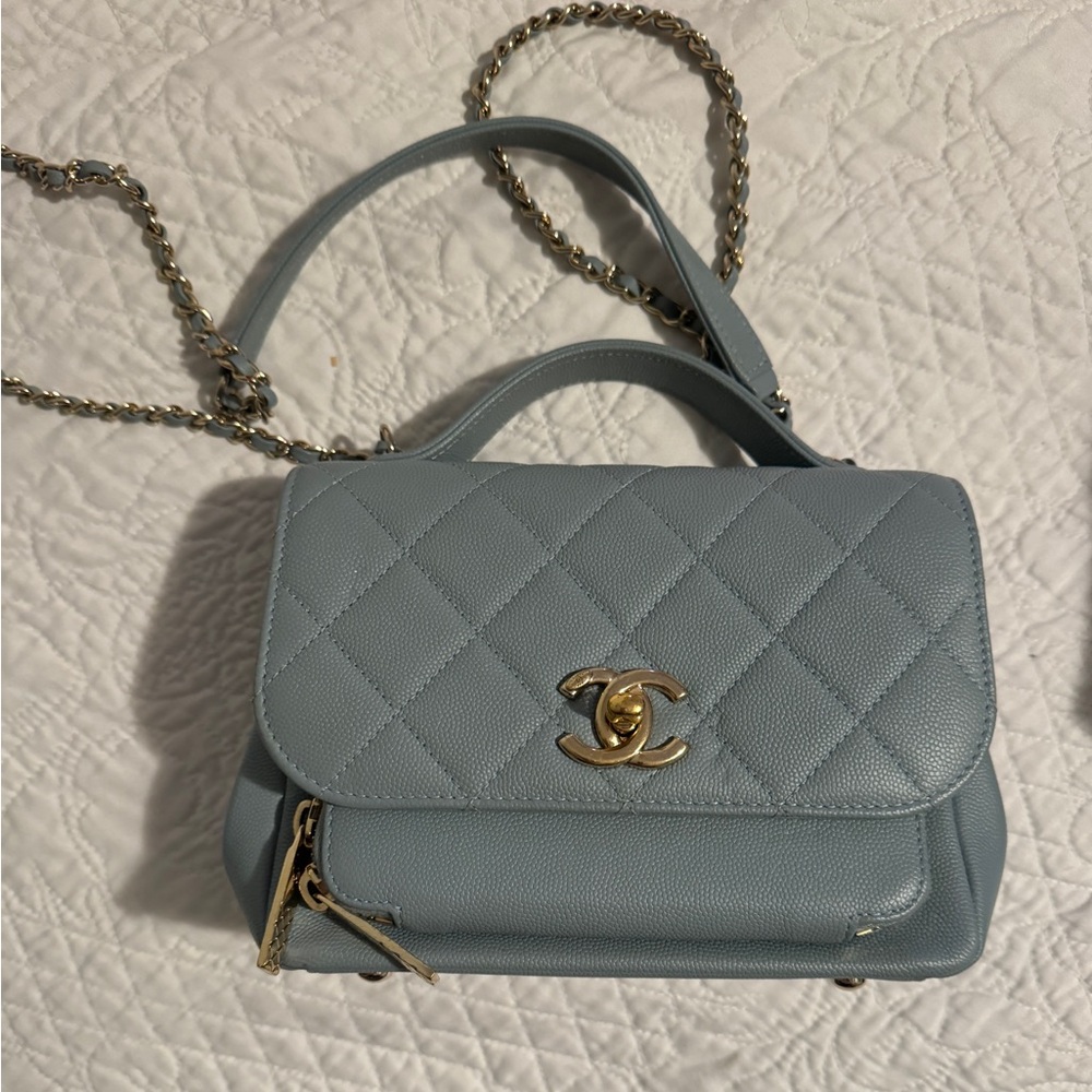 Chanel quilted small business affinity flap light blue